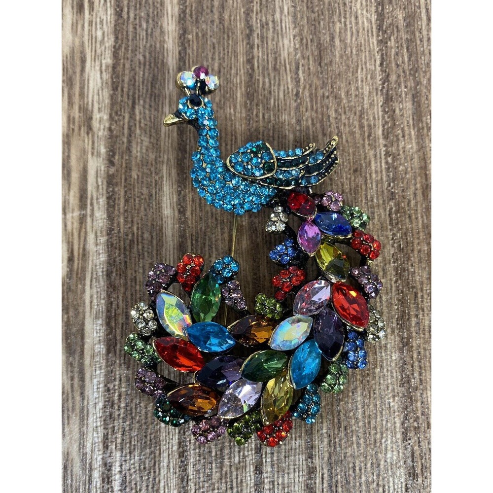 Multicolor Rainbow Rhinestone Peacock Brooch 2.5” Bird Pin Jewelry